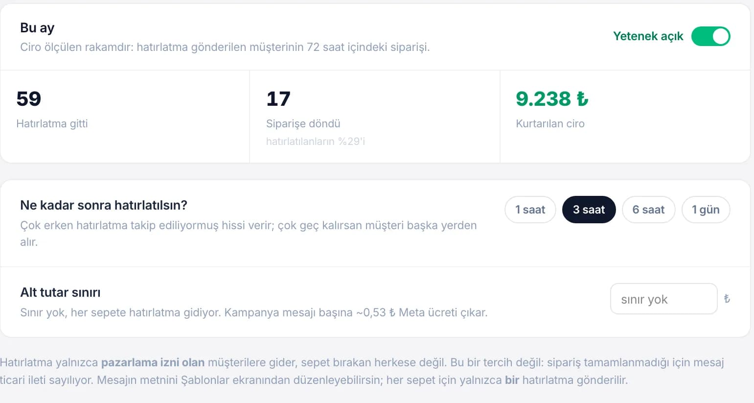 Sepet Hatırlatma ekranı
